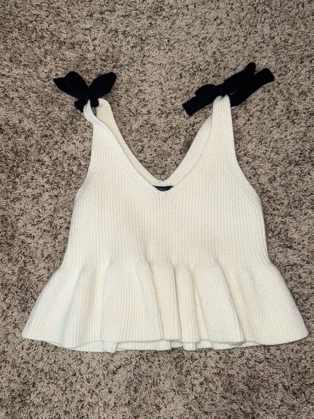 Women’s Cream Knit Peplum Tank with Black Tie Straps